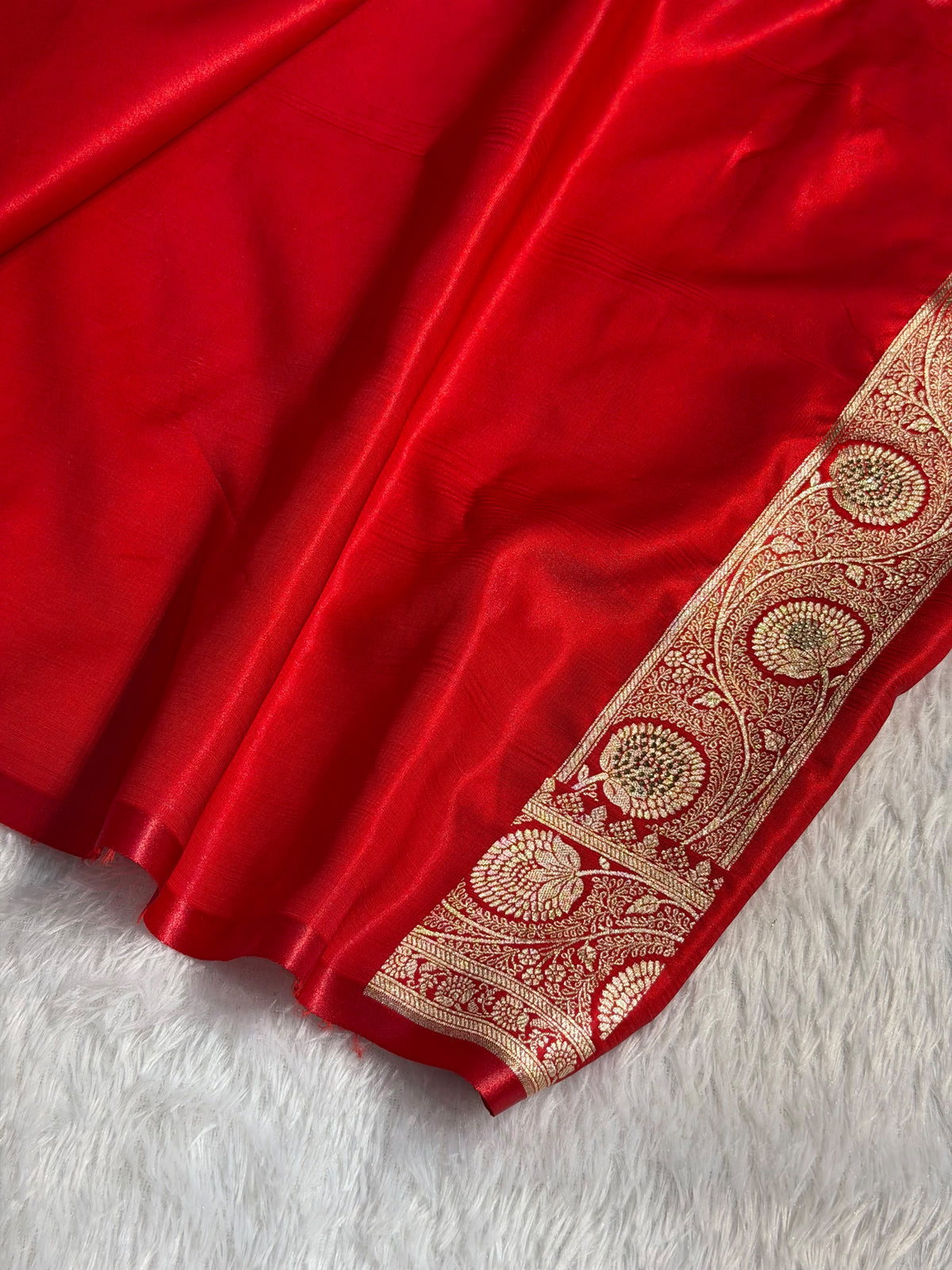 Bridal Satin Silk Saree With Zardozi Pearl Work Cross Pattern Red Shades BSS01