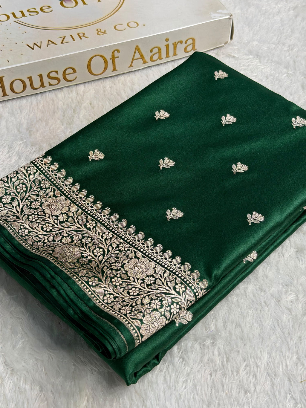 Banarasi Mashru Satin Silk Saree Floral Booti Pattern In Green Shades MSC15