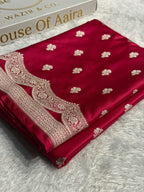 Banarasi Mashru Satin Silk Saree Floral Booti Scallop Pattern In Rani Pink Shades MSC07