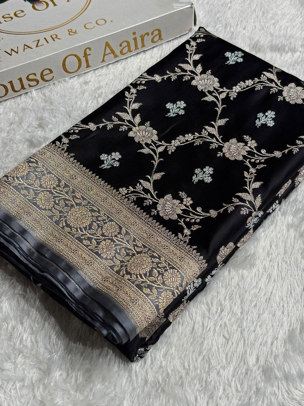Banarasi Mashru Satin Silk Saree Minakari Floral Jaal Pattern In Black With Grey Shades MSC14