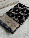 Banarasi Mashru Satin Silk Saree Minakari Floral Jaal Pattern In Black With Grey Shades MSC14