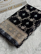 Banarasi Mashru Satin Silk Saree Minakari Floral Jaal Pattern In Black With Grey Shades MSC14