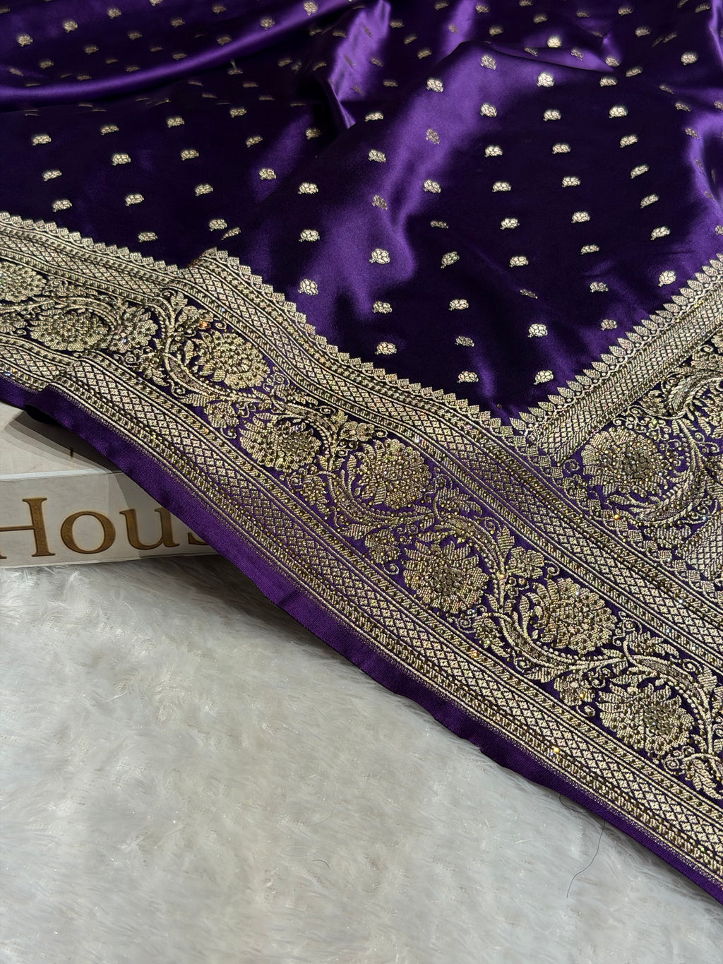 Bridal Banarasi Mashru Satin Silk Saree Booti Pattern with Swarovski Work In Purple Shades BMSC06