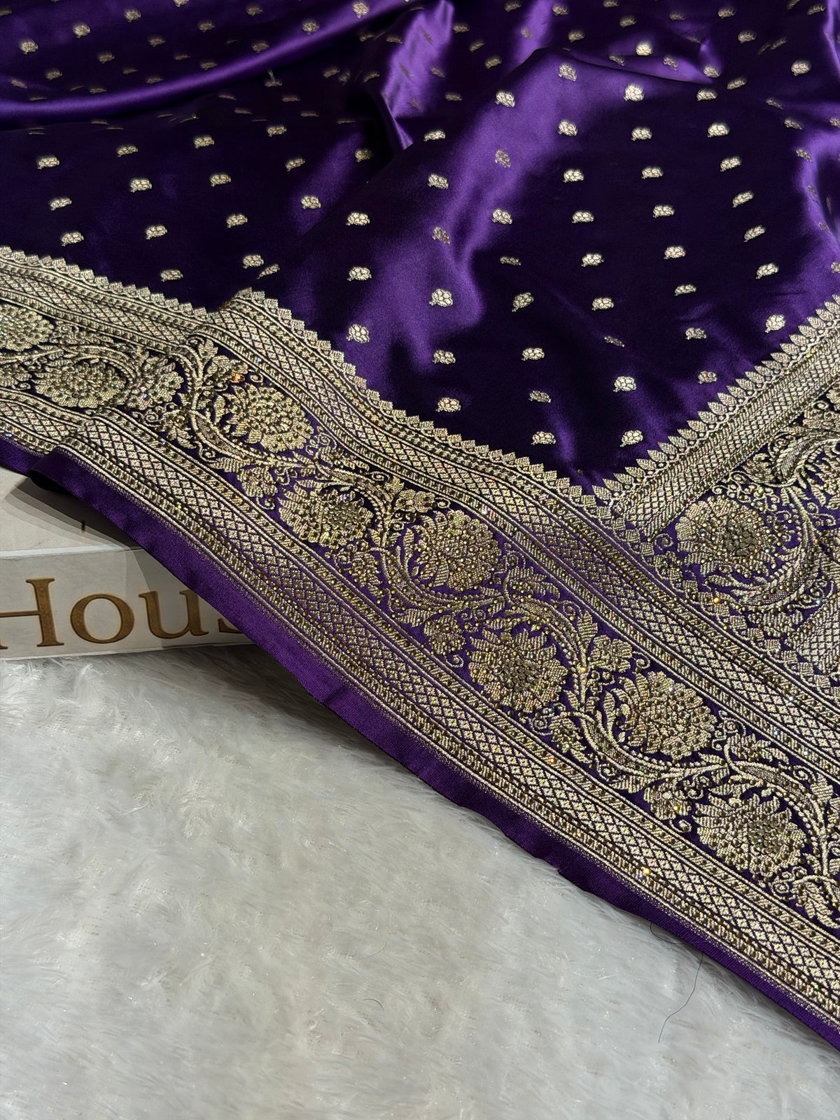 Bridal Banarasi Mashru Satin Silk Saree Booti Pattern with Swarovski Work In Purple Shades BMSC06