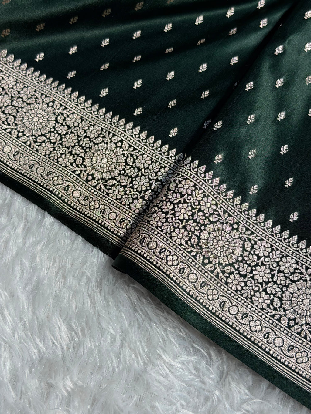 Banarasi Mashru Satin Silk Saree Booti Pattern Dark Bottle Green Shades MSK18