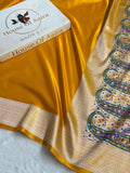 Banarasi Satin Katan Silk Saree Plain body with Minakari Pallu Pattern in Mustard Yellow Shades SK17
