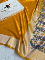 Banarasi Satin Katan Silk Saree Plain body with Minakari Pallu Pattern in Mustard Yellow Shades SK17