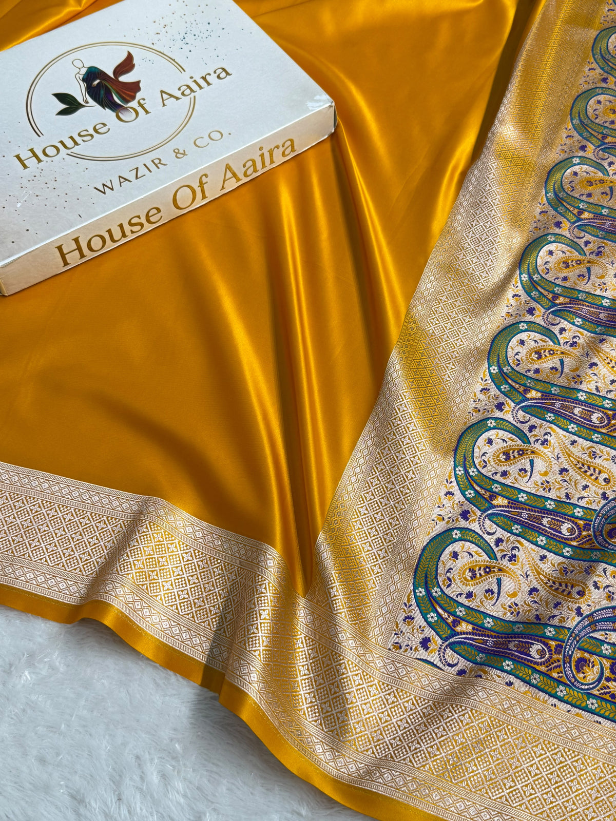 Banarasi Satin Katan Silk Saree Plain body with Minakari Pallu Pattern in Mustard Yellow Shades SK17