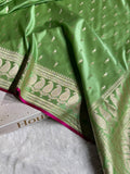 Banarasi Mashru Satin Silk Saree Minakari Booti Pattern Pista Shades MSK29