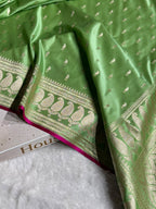 Banarasi Mashru Satin Silk Saree Minakari Booti Pattern Pista Shades MSK29