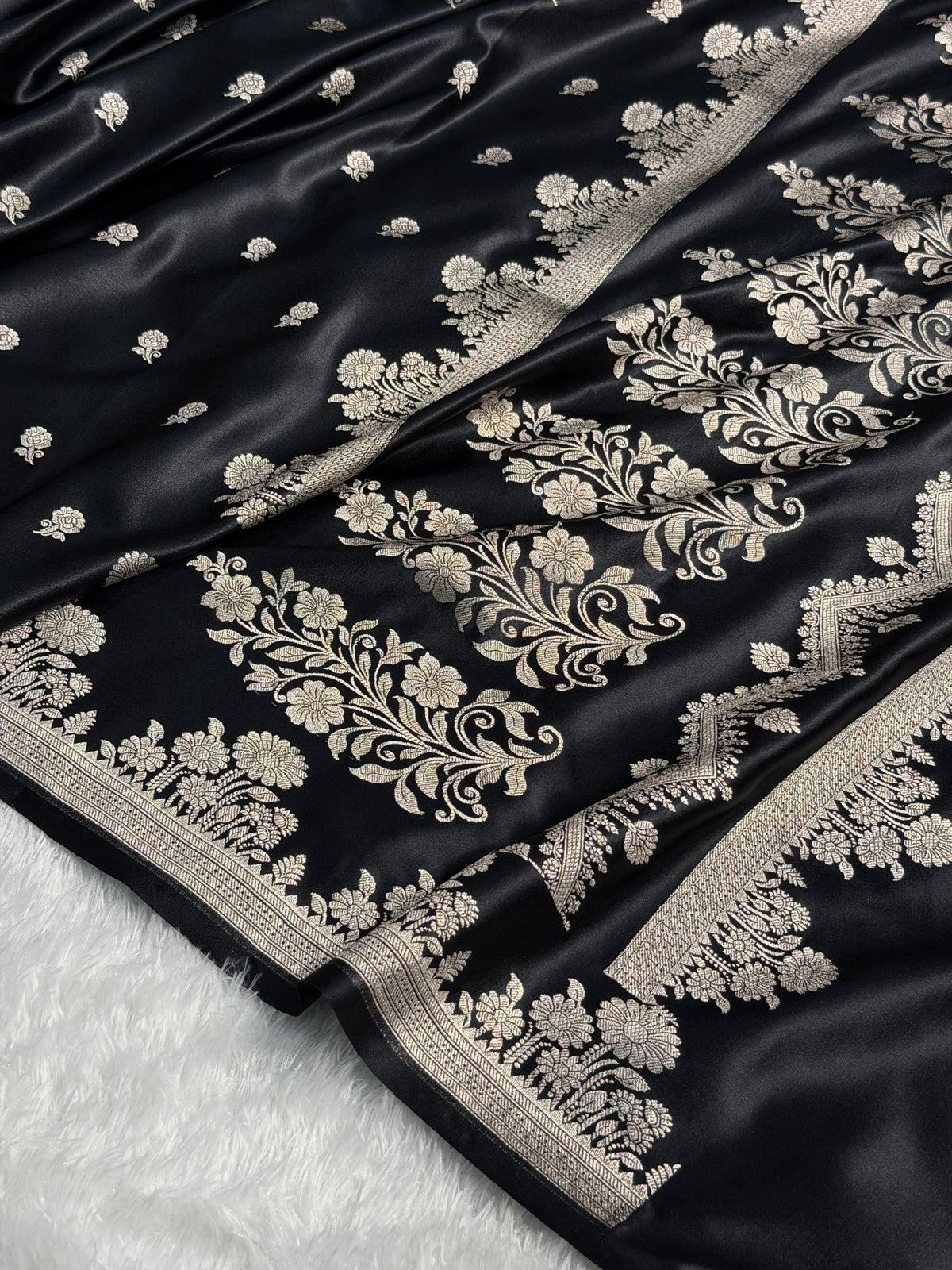 Banarasi Mashru Satin Silk Saree In Booti Pattern With Black Shades MSC01