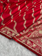 Banarasi Mashru Satin Silk Saree Cross Pattern Pinkish Red Shades MSK12
