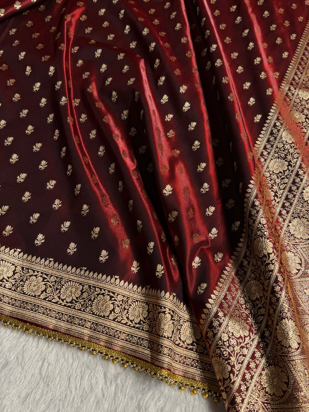Banarasi Satin Silk Saree Booti Pattern With Ghungroo Gotta Patti Work in Maroon Shades SSGP02
