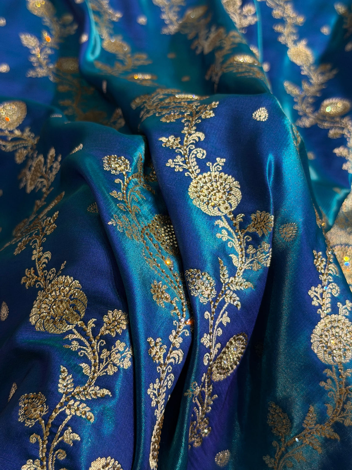 Bridal Satin Silk Saree With Swarovski Stone Work Cross Pattern Peacock Shades BSS01