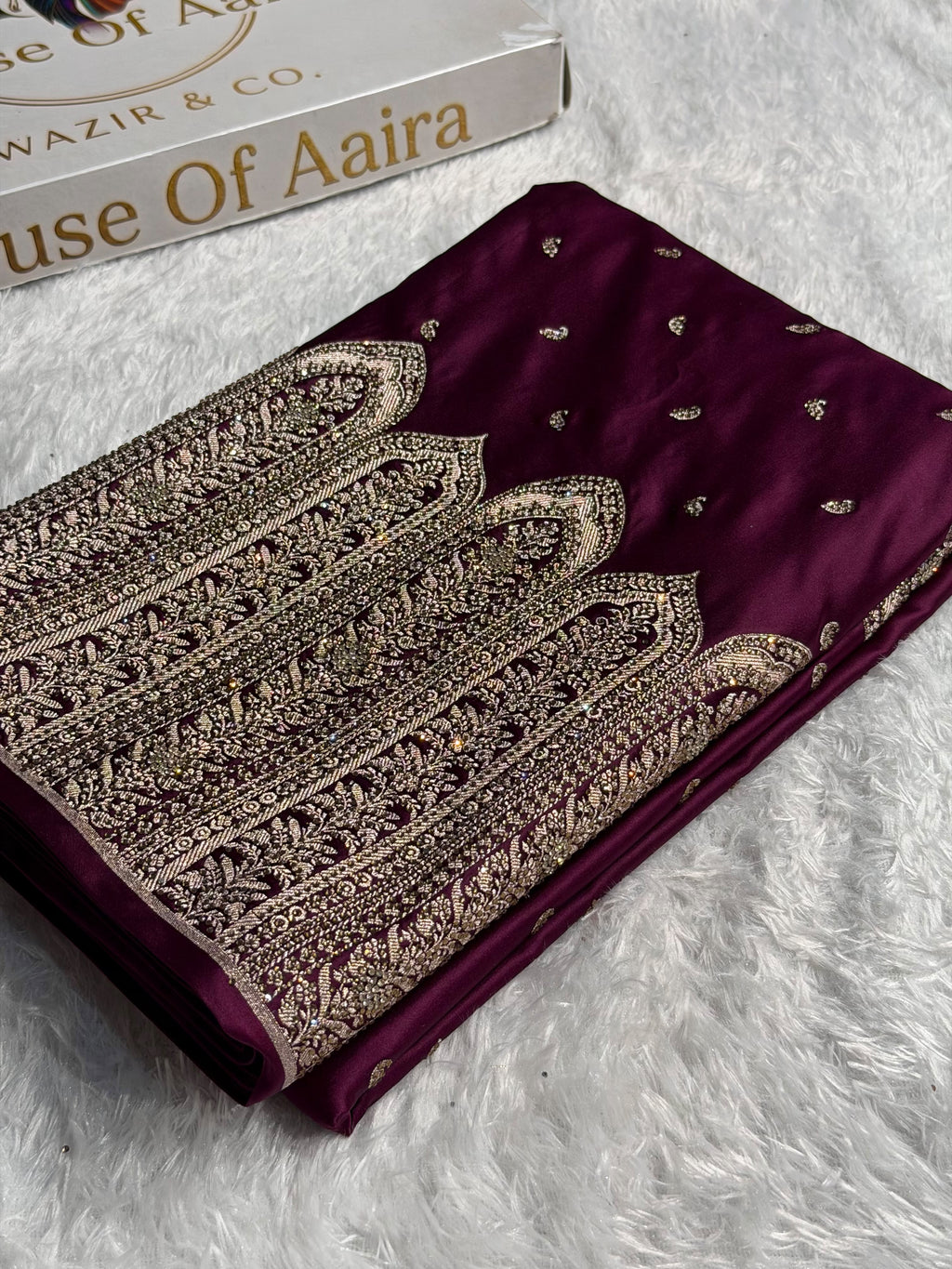 Bridal Banarasi Mashru Satin Silk Saree Skirt Pattern with Swarovski Work in Wine Shades BMSC02