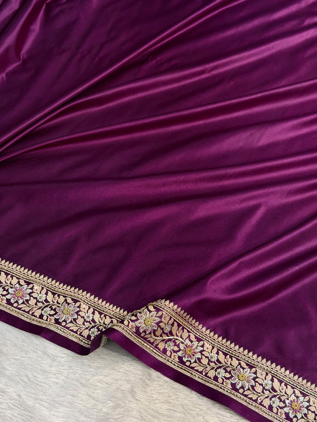 Banarasi Mashru Satin Silk Saree with Aari Zardozi Work Plain Pattern in Deep Magenta Shades BMSK37