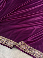 Banarasi Mashru Satin Silk Saree with Aari Zardozi Work Plain Pattern in Deep Magenta Shades BMSK37