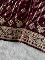 Banarasi Satin Katan Silk Saree Striped Pattern in Garnet Shades SK06