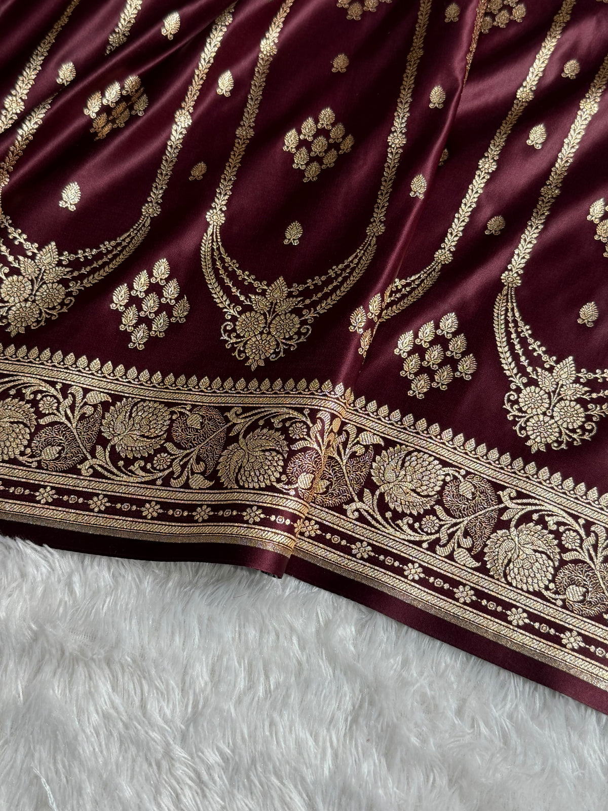 Banarasi Satin Katan Silk Saree Striped Pattern in Garnet Shades SK06