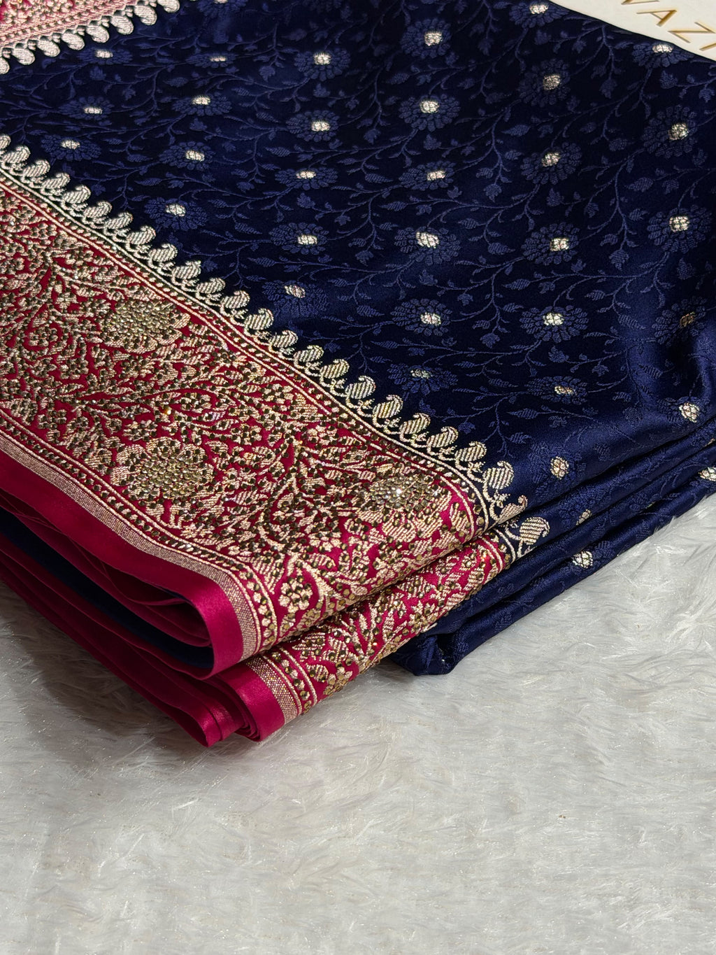 Banarasi Mashru Satin Silk Saree Tanchoi Pattern in Swarovski Work in Contrast Navy Blue with Pink Shades BMSC04
