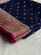 Banarasi Mashru Satin Silk Saree Tanchoi Pattern in Swarovski Work in Contrast Navy Blue with Pink Shades BMSC04