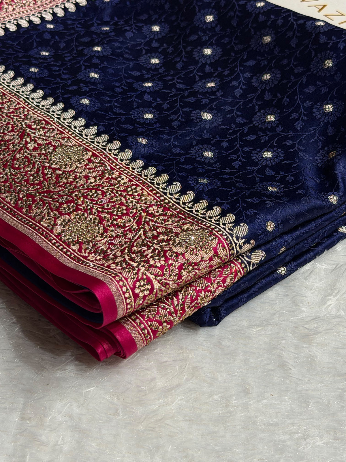 Banarasi Mashru Satin Silk Saree Tanchoi Pattern in Swarovski Work in Contrast Navy Blue with Pink Shades BMSC04