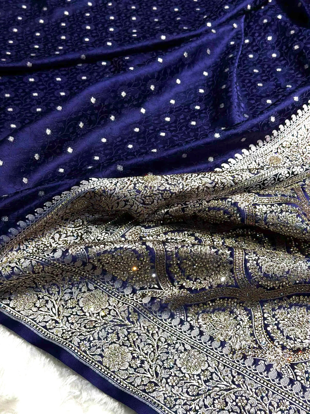 Banarasi Mashru Satin Silk Saree Tanchoi Pattern in Swarovski Work in Navy Blue Shades BMSC04