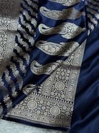 Banarasi Mashru Satin Silk Saree Booti Pattern Navy Blue Shades MSK18
