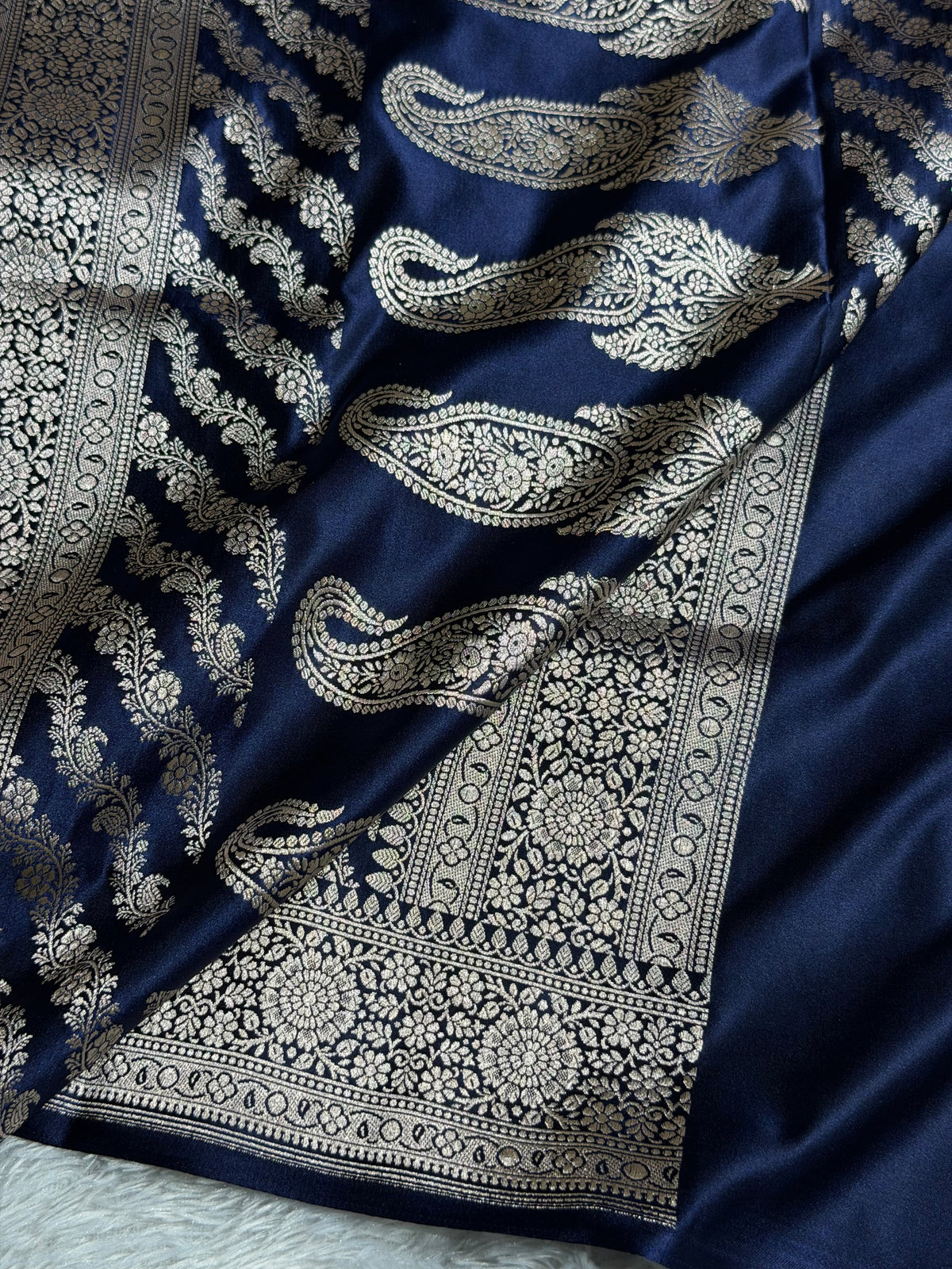 Banarasi Mashru Satin Silk Saree Booti Pattern Navy Blue Shades MSK18