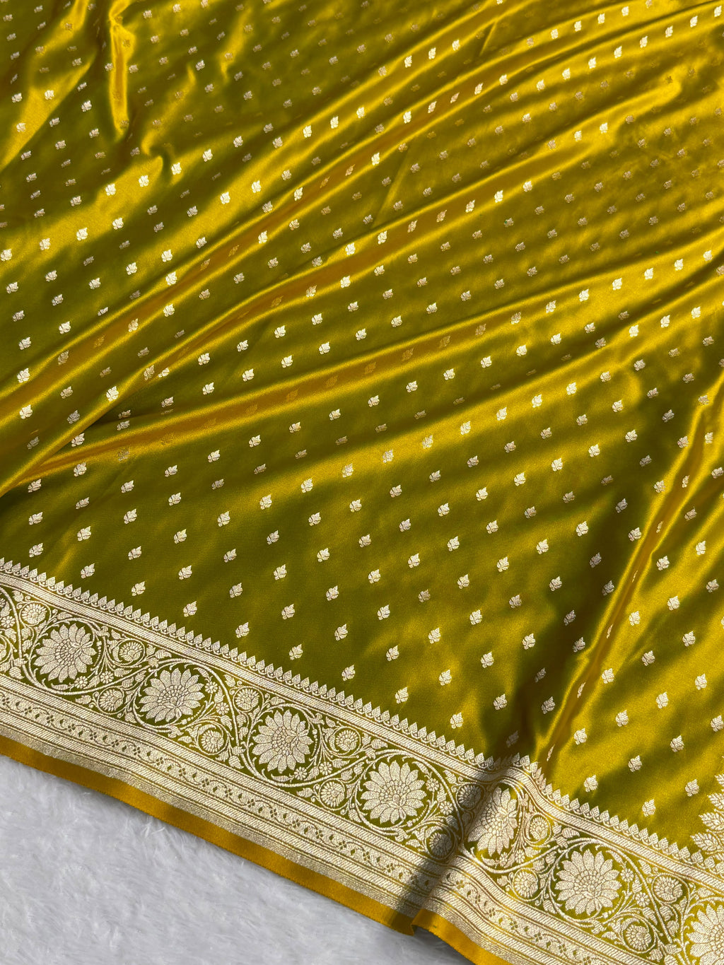 Banarasi Mashru Satin Silk Saree Booti Pattern Mahndi Gold Shades MSK25