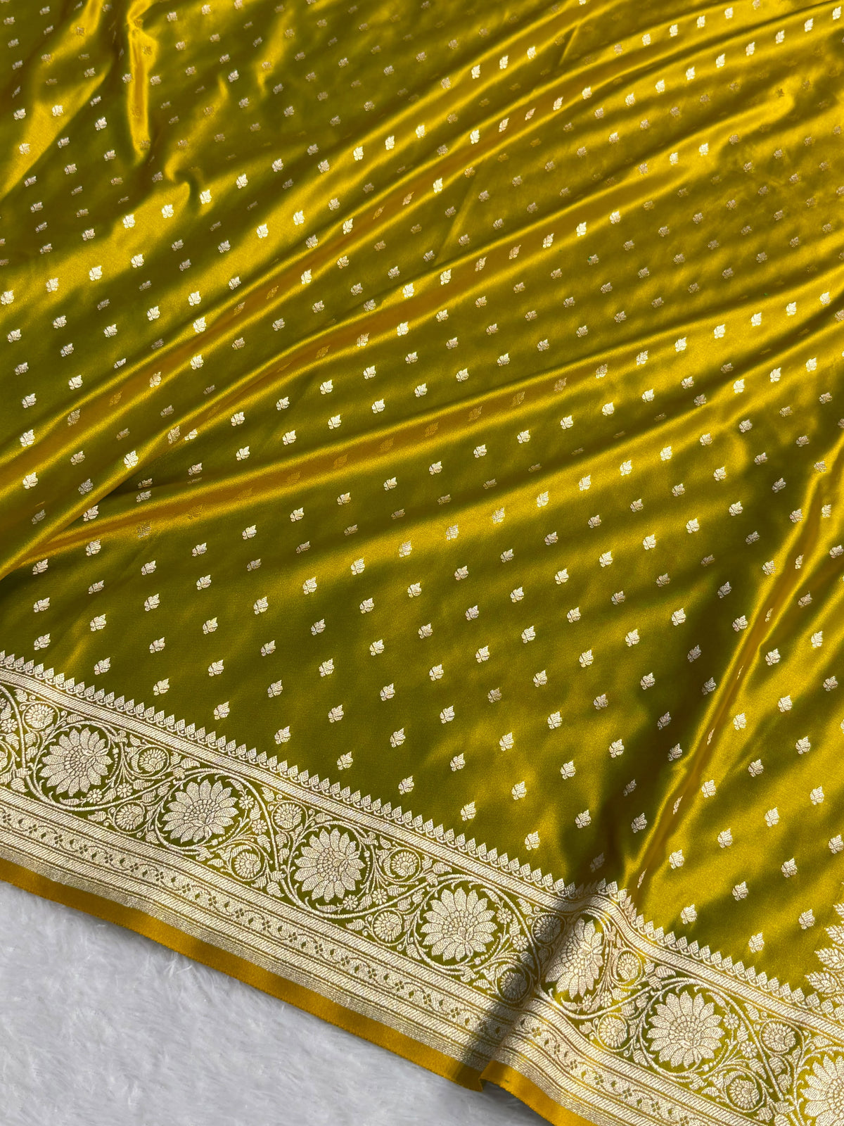 Banarasi Mashru Satin Silk Saree Booti Pattern Mahndi Gold Shades MSK25