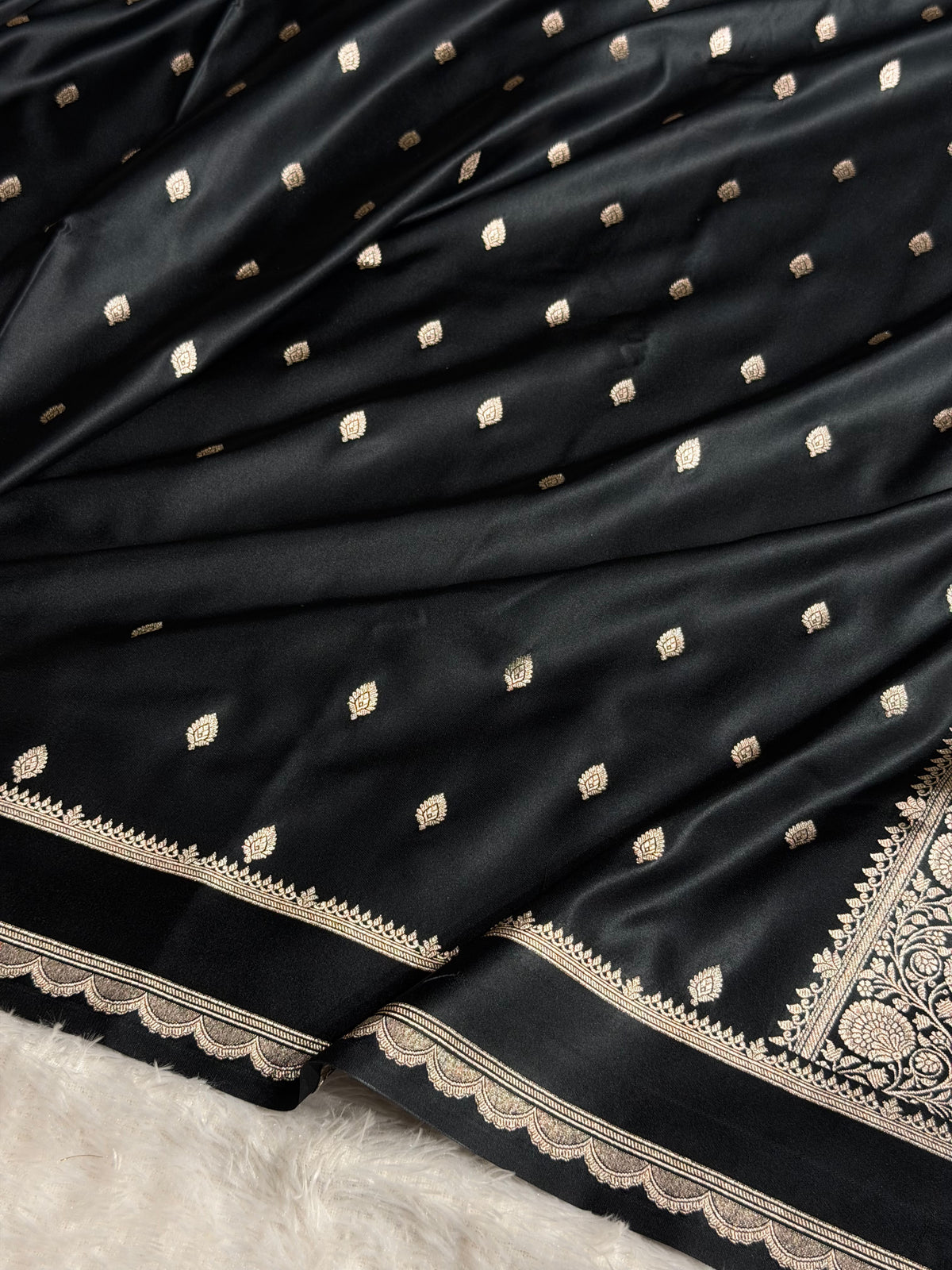 Banarasi Satin Katan Silk Saree Booti Pattern in Black Shades SK03