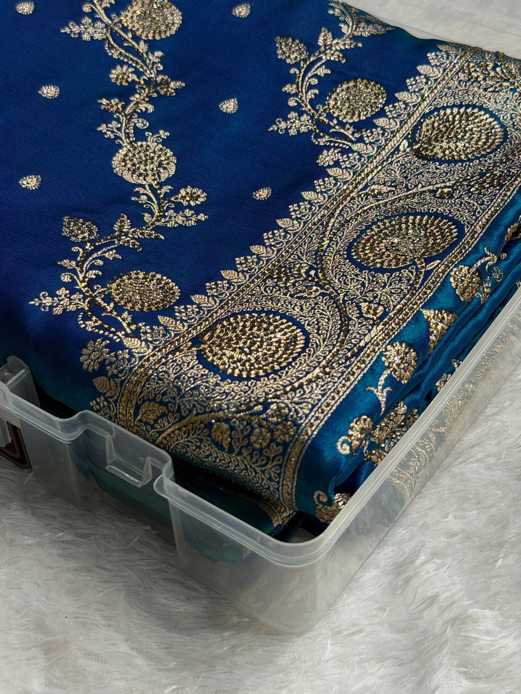 Bridal Satin Silk Saree With Swarovski Stone Work Cross Pattern Peacock Shades BSS01