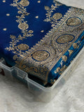 Bridal Satin Silk Saree With Swarovski Stone Work Cross Pattern Peacock Shades BSS01