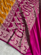 Banarasi Contrast Mashru Satin Silk Saree Floral Cross Pattern In Mustard & Rani Shades MSC16