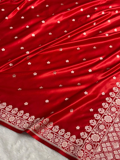 Banarasi Mashru Satin Silk Saree Booti Pattern Red Shades MSK14