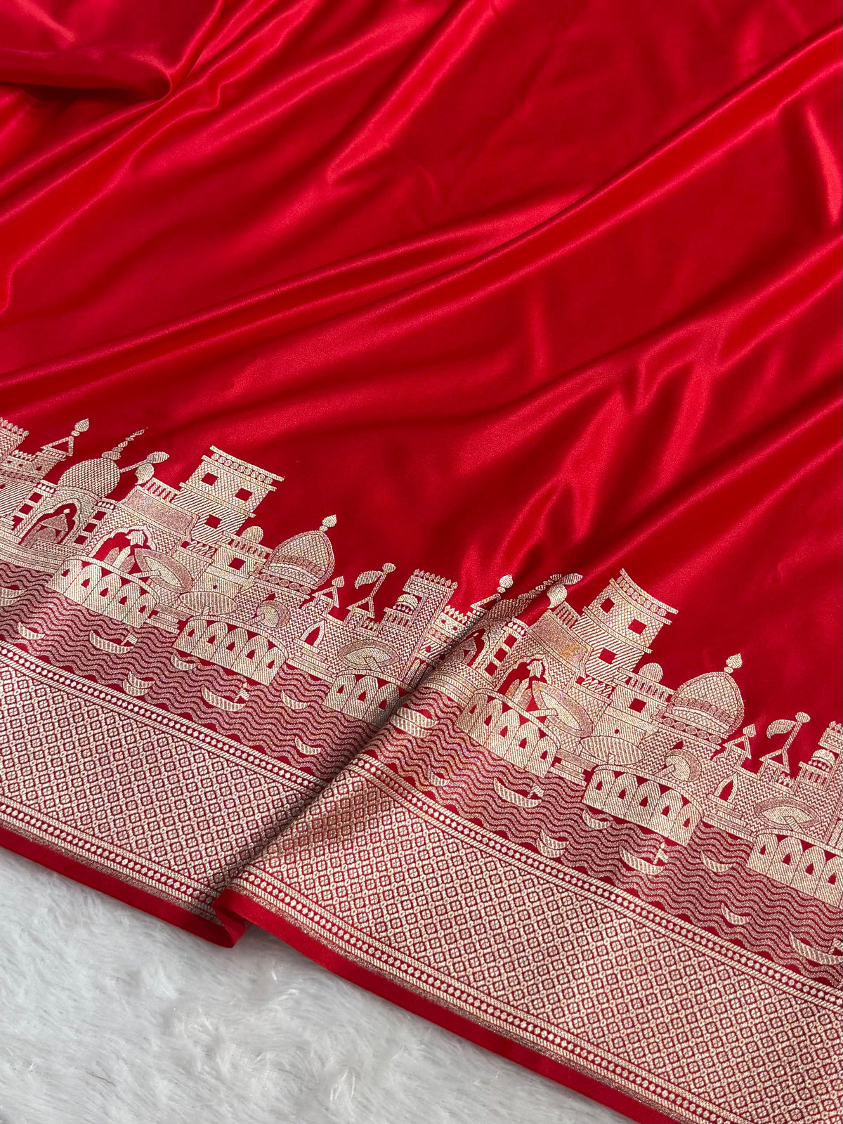 Banarasi Mashru Satin Silk Saree Ghat Pattern Red Shades MSK23