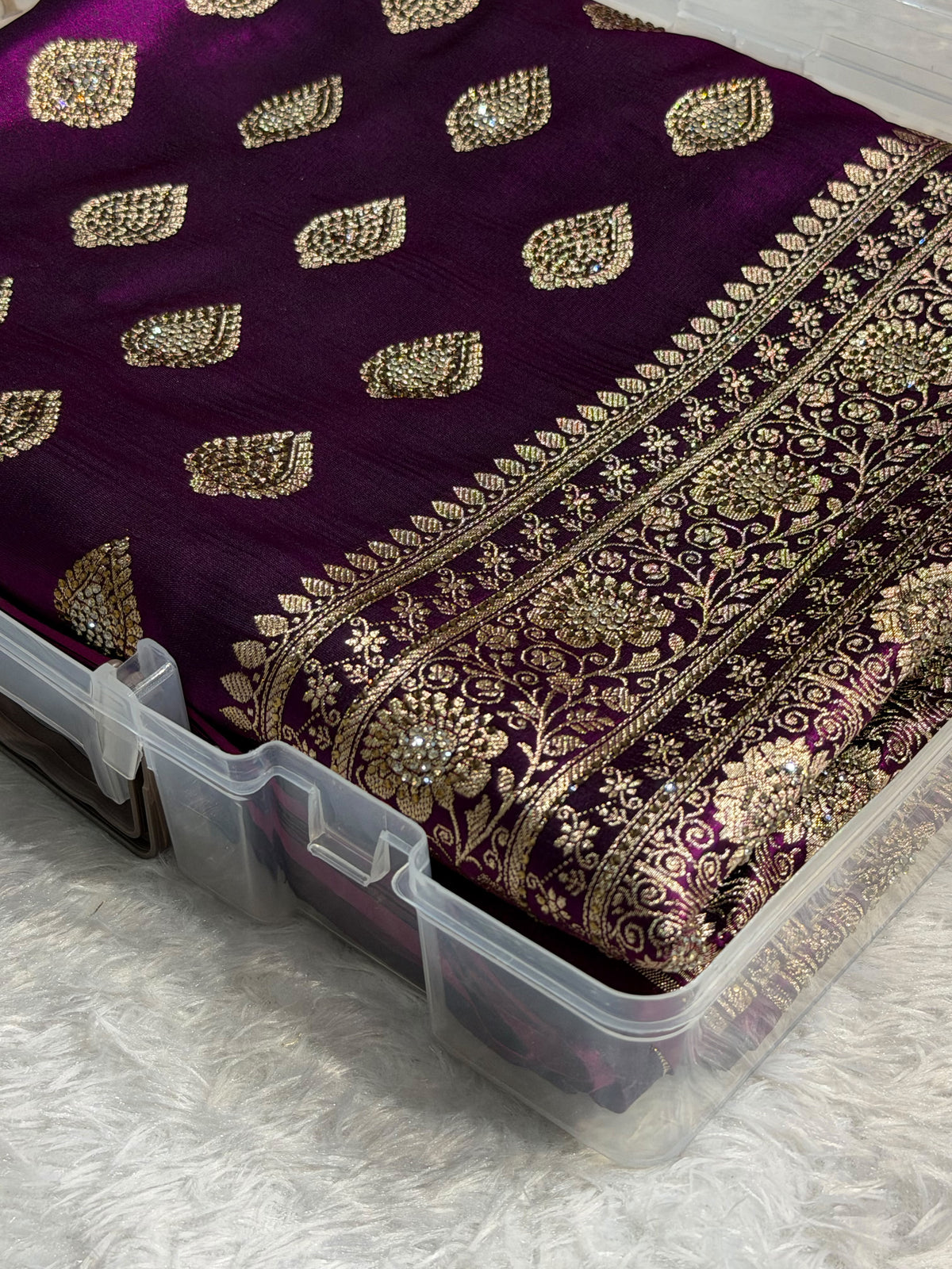 Banarasi Satin Silk Saree Booti Pattern With Swarovski Stone Work in Wine Shades BSS13