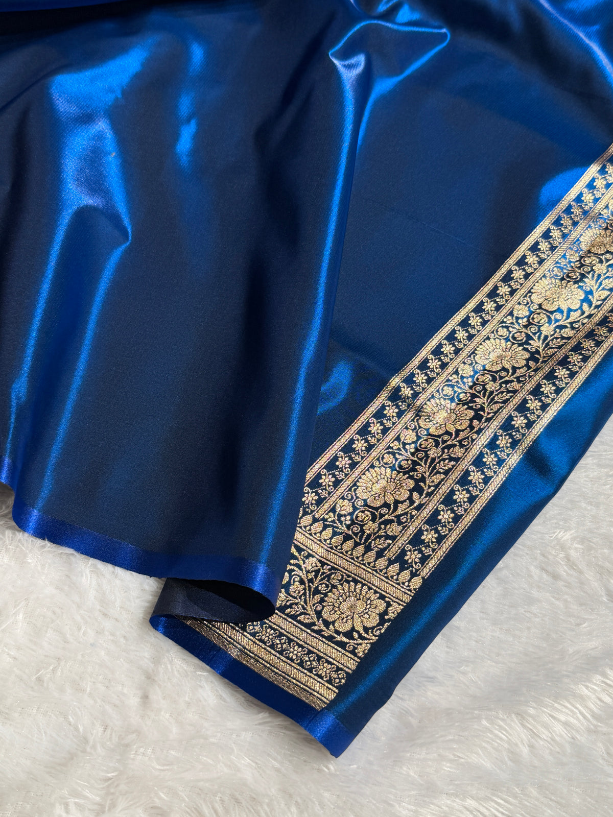 Banarasi Satin Silk Saree Cross Pattern in German Blue Shades SS02