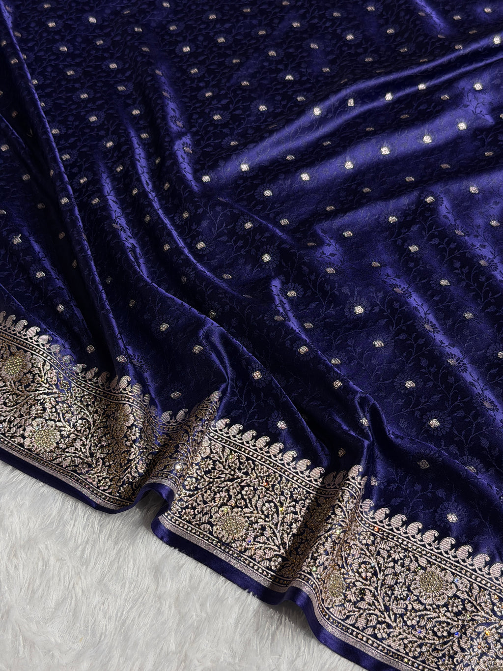 Banarasi Mashru Satin Silk Saree Tanchoi Pattern in Swarovski Work in Navy Blue Shades BMSC04