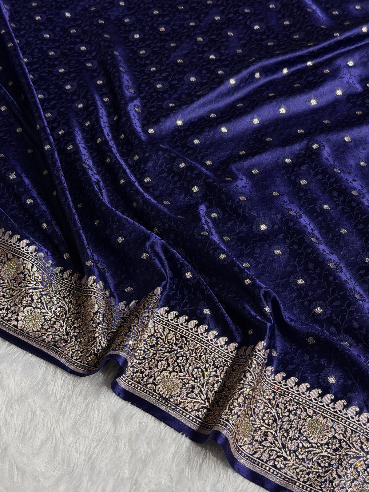 Banarasi Mashru Satin Silk Saree Tanchoi Pattern in Swarovski Work in Navy Blue Shades BMSC04