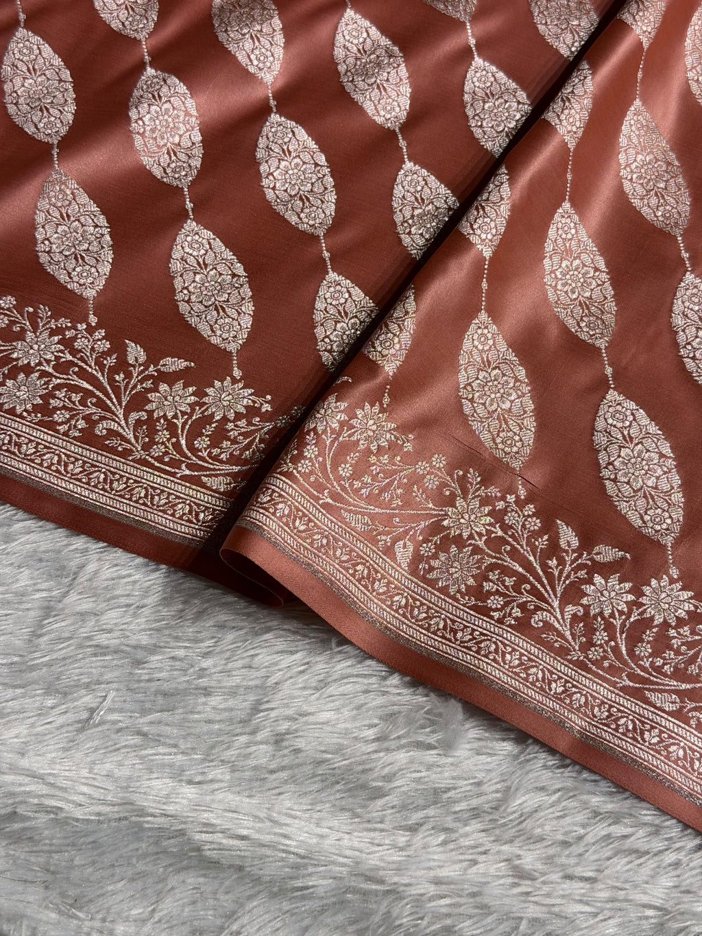 Banarasi Mashru Satin Silk Saree Cross Pattern Peach Shades MSK22
