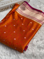 Banarasi Mashru Satin Silk Saree Tanchoi Pattern Contrast Orange with Rani Shades MSK25