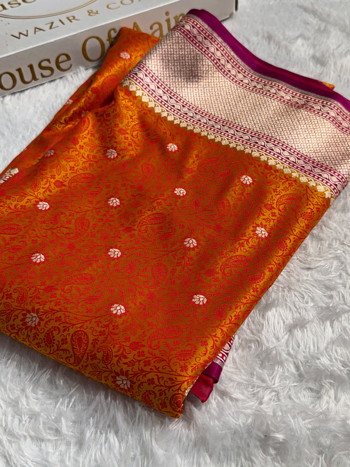 Banarasi Mashru Satin Silk Saree Tanchoi Pattern Contrast Orange with Rani Shades MSK25