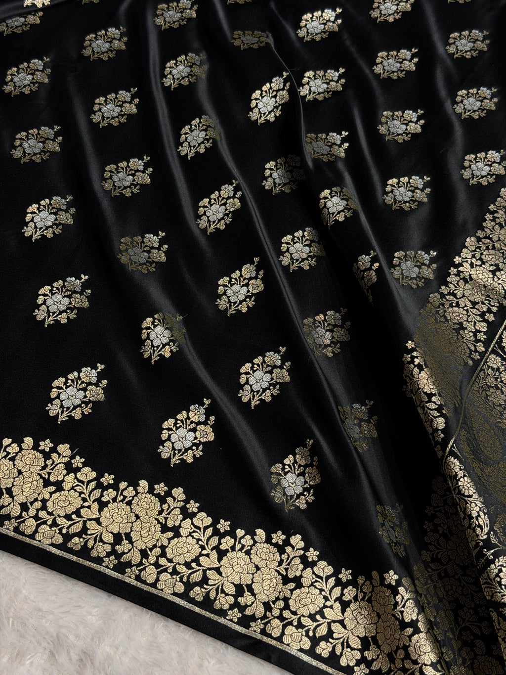 Banarasi Mashru Satin Silk Saree Minakari Boota Pattern In Black Shades MSK38
