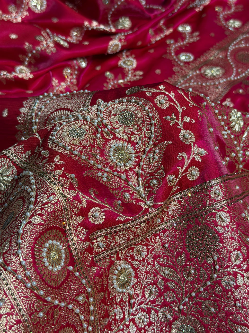 Bridal Satin Silk Saree With Zardozi Pearl Work Cross Pattern Rani Shades BSS01