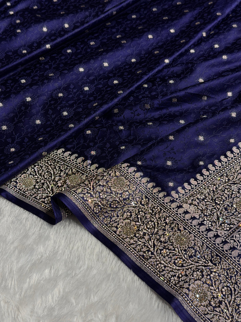 Banarasi Mashru Satin Silk Saree Tanchoi Pattern in Swarovski Work in Navy Blue Shades BMSC04