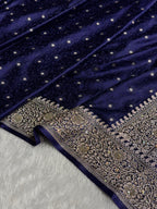 Banarasi Mashru Satin Silk Saree Tanchoi Pattern in Swarovski Work in Navy Blue Shades BMSC04