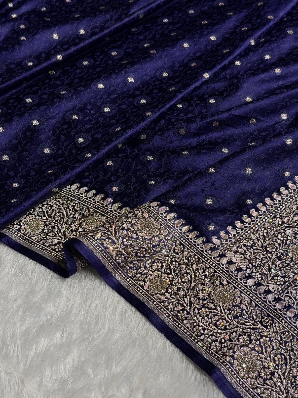 Banarasi Mashru Satin Silk Saree Tanchoi Pattern in Swarovski Work in Navy Blue Shades BMSC04