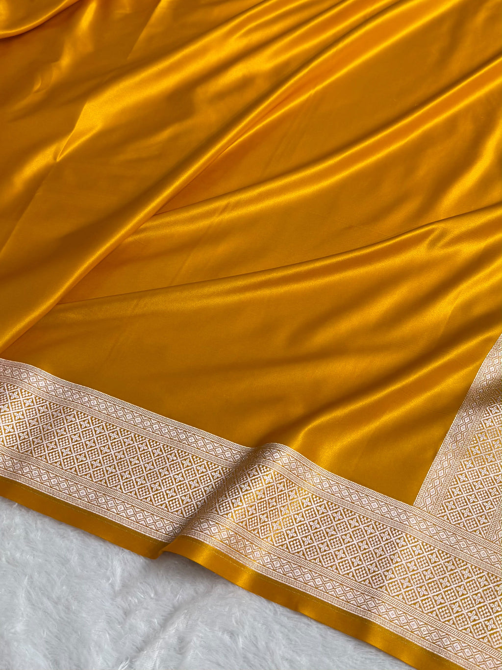 Banarasi Satin Katan Silk Saree Plain body with Minakari Pallu Pattern in Mustard Yellow Shades SK17
